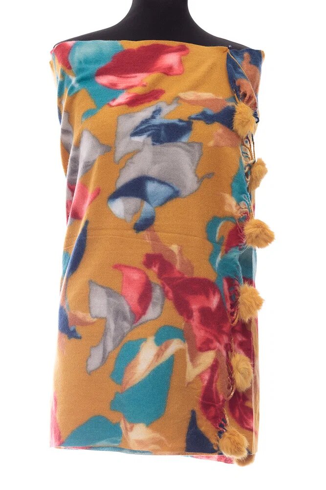 Shopika Esarfa din casmir cu ciucuri din blanita naturala multicolor pe fond mustar