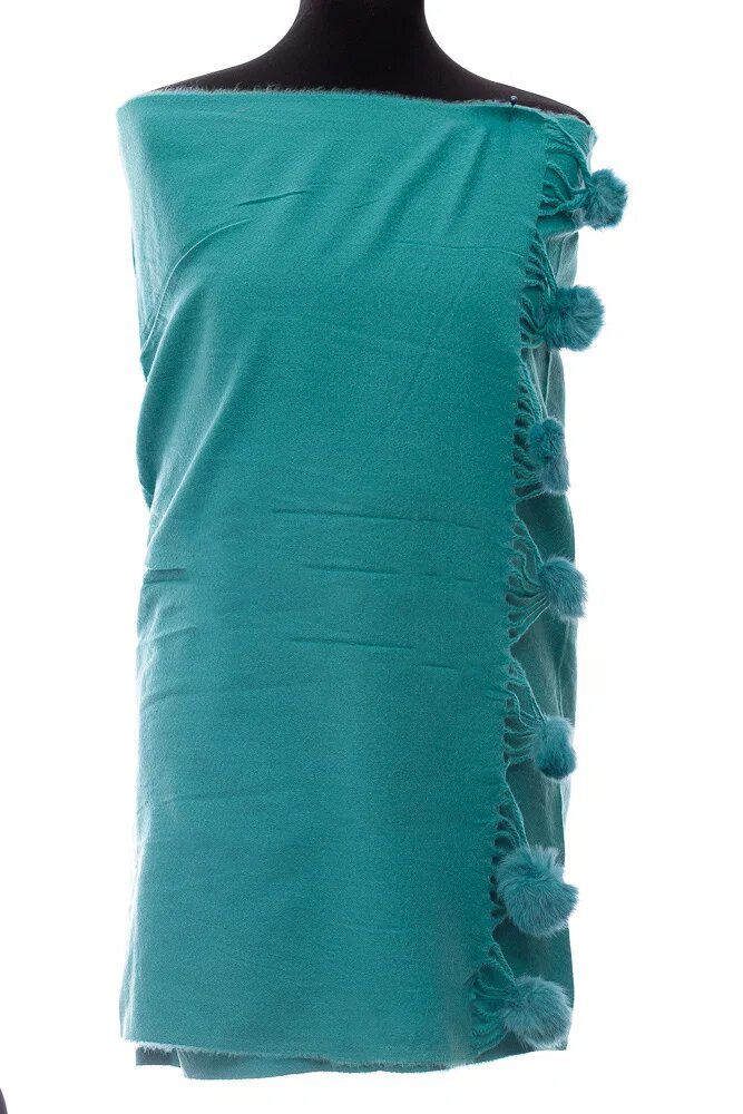 Shopika Esarfa din casmir cu ciucuri din blanita naturala turcoaz