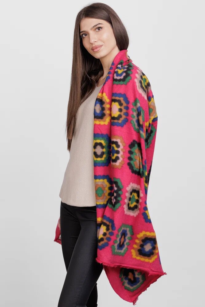 Shopika Esarfa din casmir cu motive florale stilizate pe fond fucsia