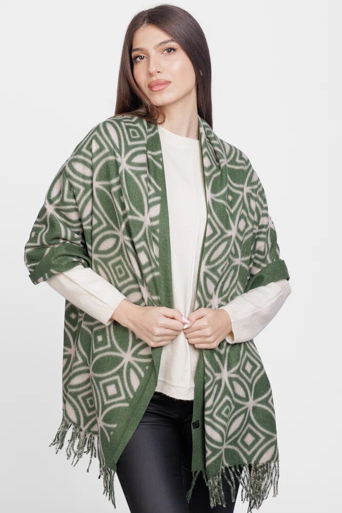 Shopika Esarfa din casmir cu motive geometrice bej pe fond verde