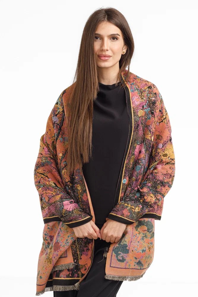 Shopika Esarfa din lana si bumbac cu imprimeu floral cu mov galben si negru