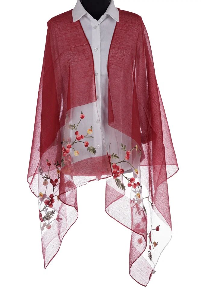 Shopika Esarfa din matase bordo cu broderie flori pe fond transparent de organza