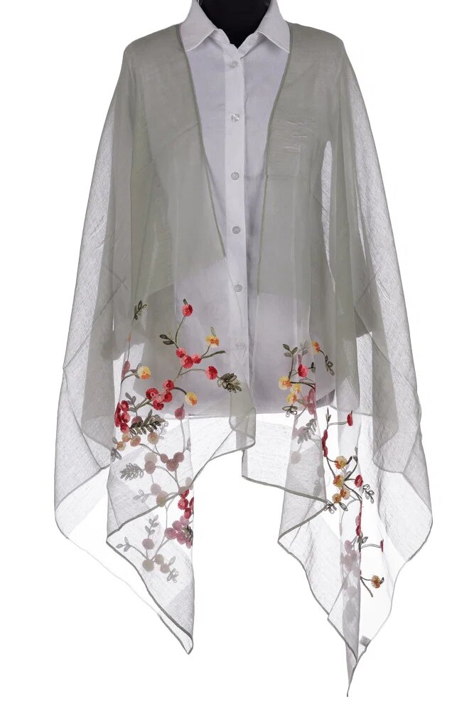 Shopika Esarfa din matase verde menta cu broderie flori pe fond transparent de organza