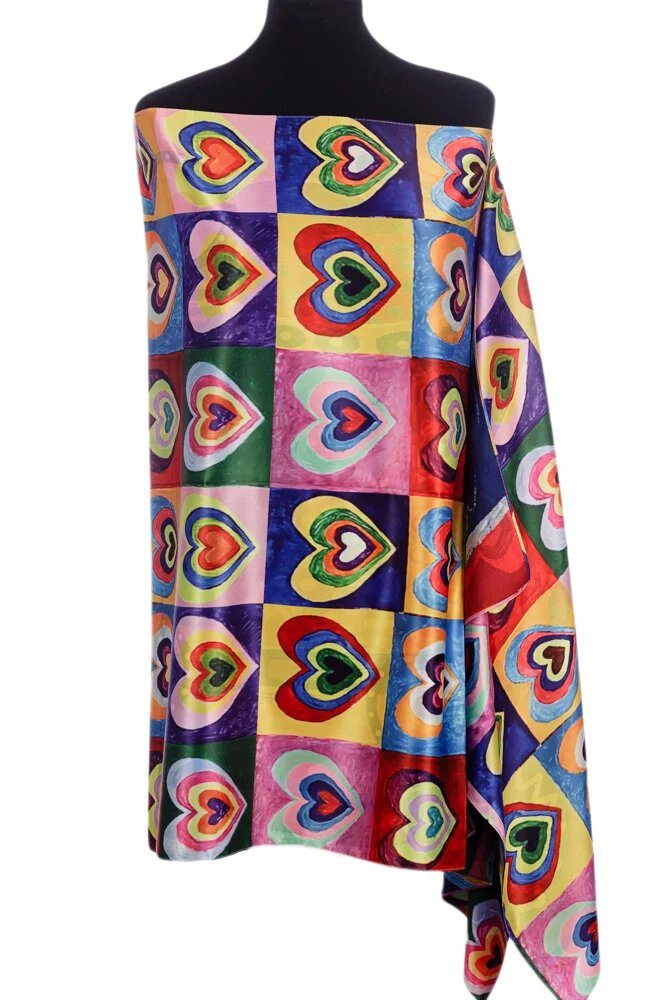 Shopika Esarfa dreptunghiulara cu doua fete din matase cu inimi multicolore dupa Kandinski