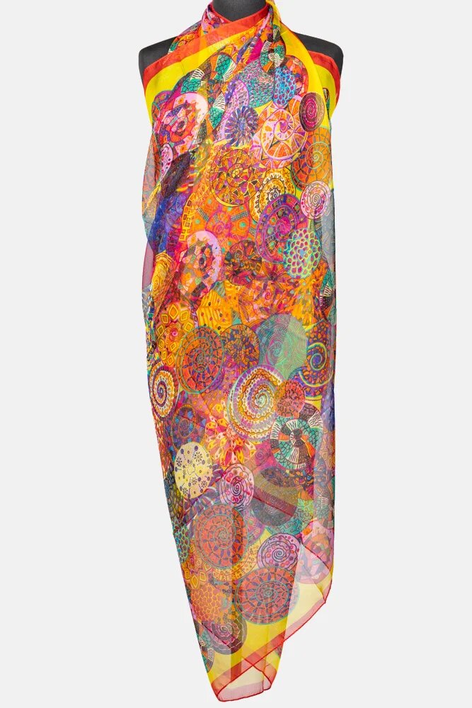 Shopika Esarfa dreptunghiulara tip pareo cu imprimeu mandale multicolore margine rosie si galbena din mata