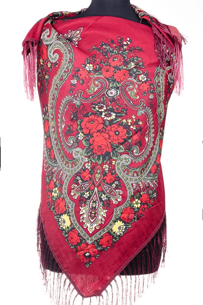 Shopika Esarfa gipsy patrata mare tip Pavlovo Posad cu imprimeu floral traditional pe fond bordo