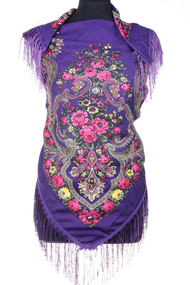 Shopika Esarfa gipsy patrata mare tip Pavlovo Posad cu imprimeu floral traditional pe fond mov