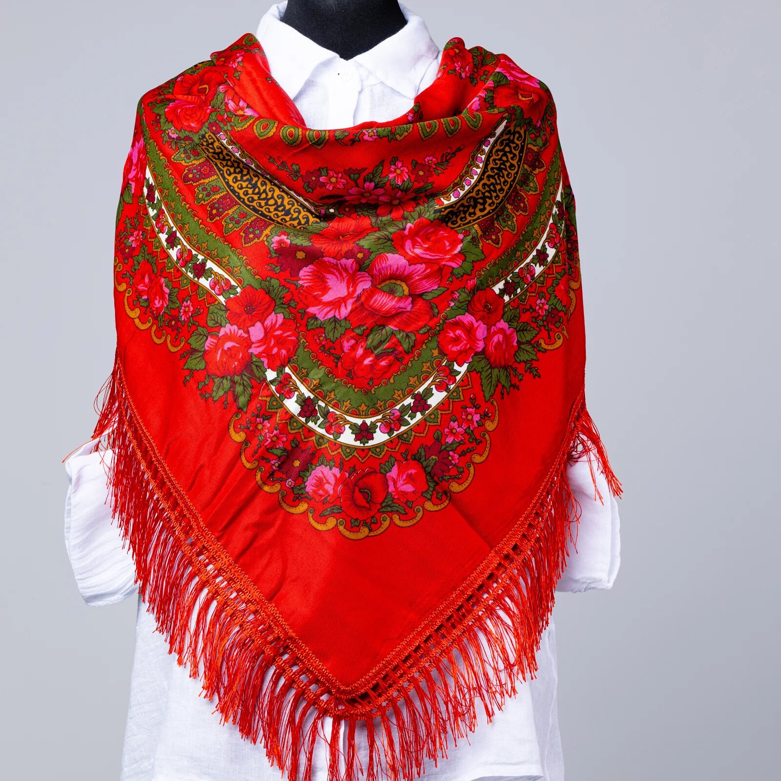 Shopika Esarfa gipsy patrata mare tip Pavlovo Posad cu imprimeu floral traditional pe fond rosu