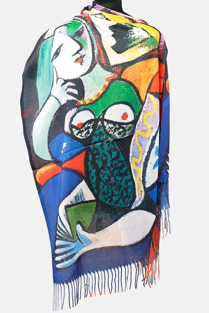 Shopika Esarfa matase cu doua fete imprimata cu model inspirat dupa Femeie cu carte lui Picasso
