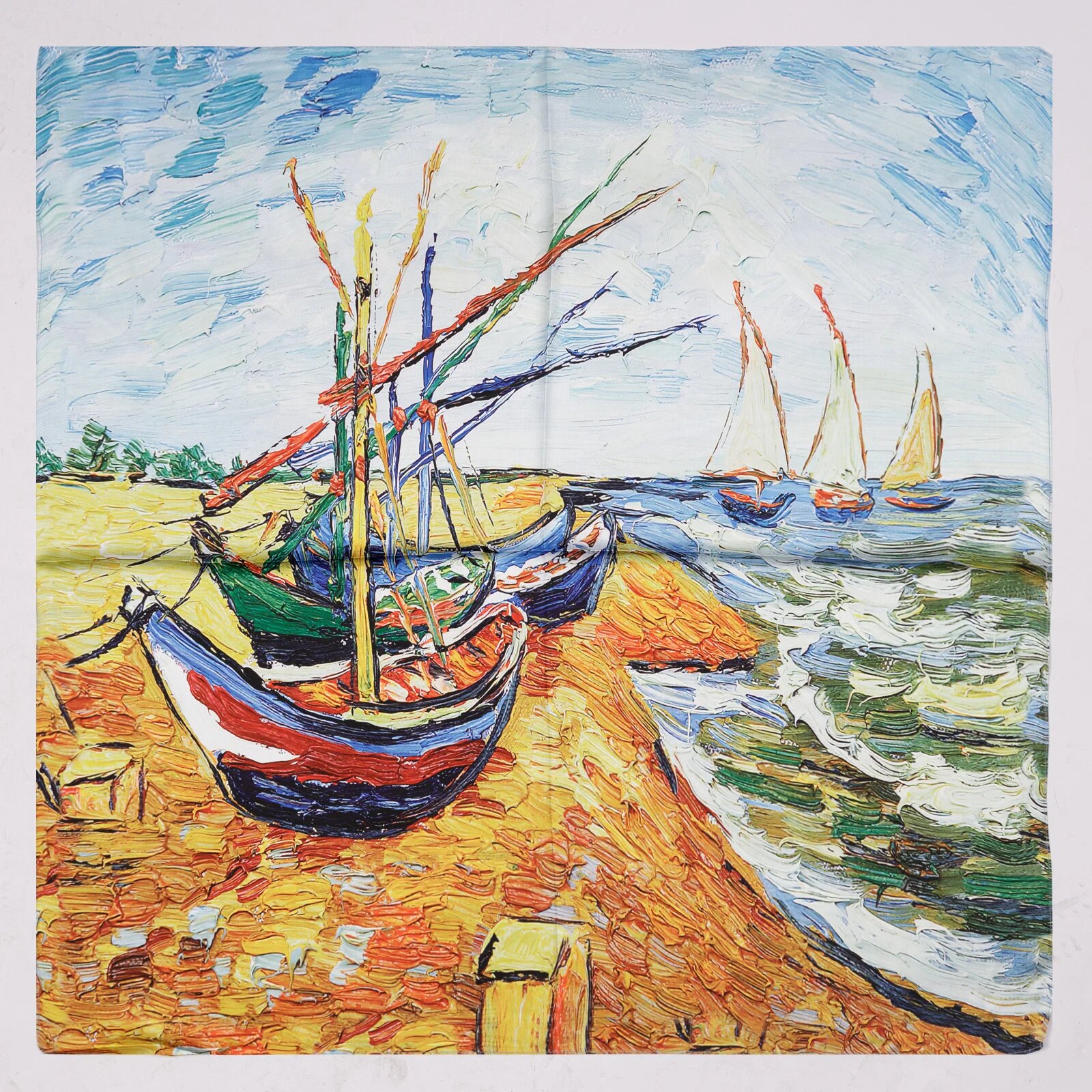 Shopika Esarfa patrata cu o singura fata imprimeu dupa o pictura cu barci pe plaja a lui Van Gogh