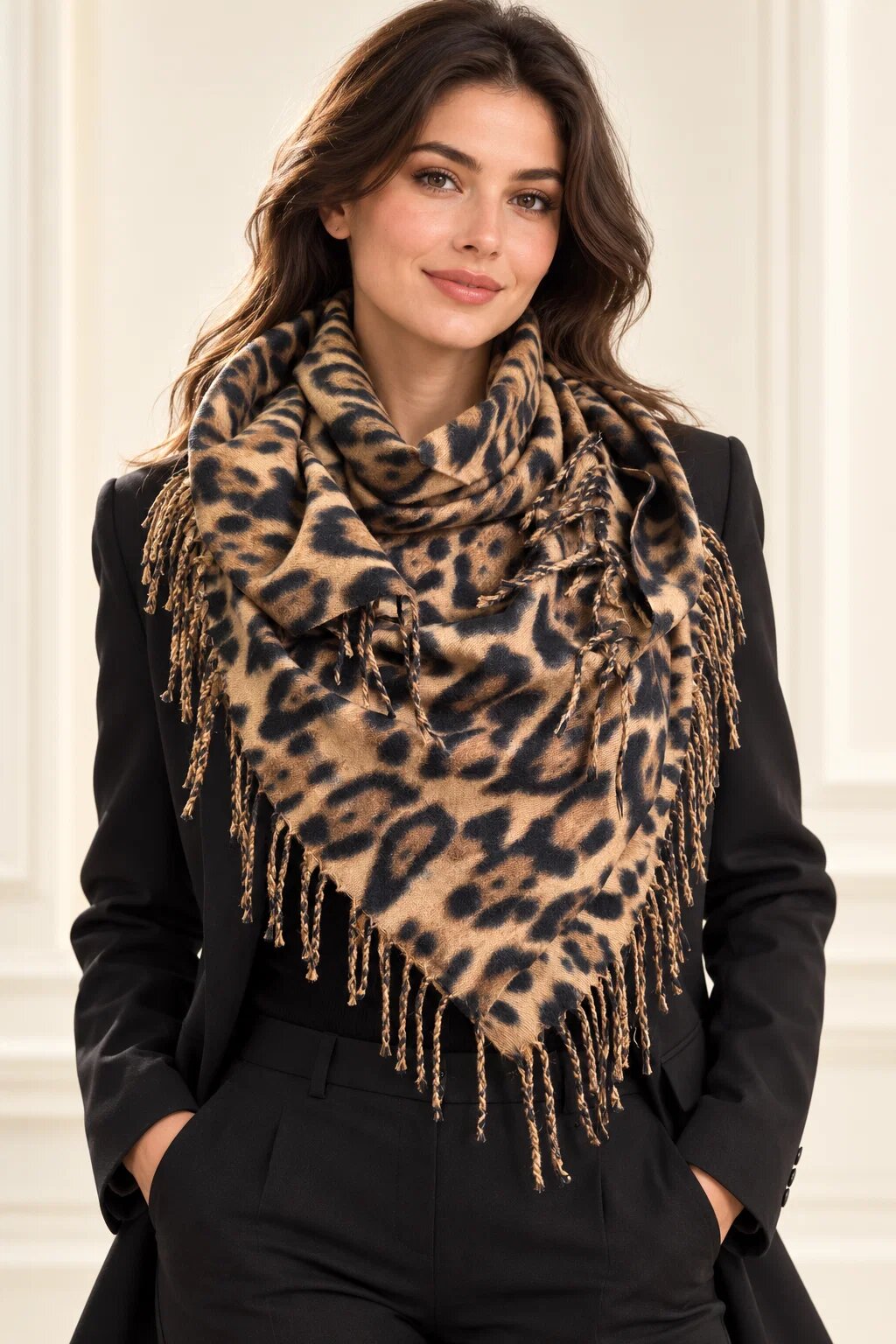 Shopika Esarfa patrata mare imprimeu animal print cu maron negru si camel