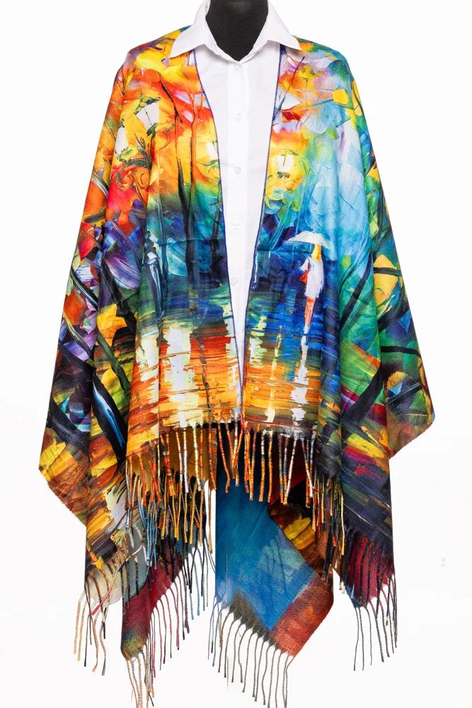 Shopika Esarfa poncho din casmir cu dubla fata cu model inspirat dupa peisaj fata cu umbrela