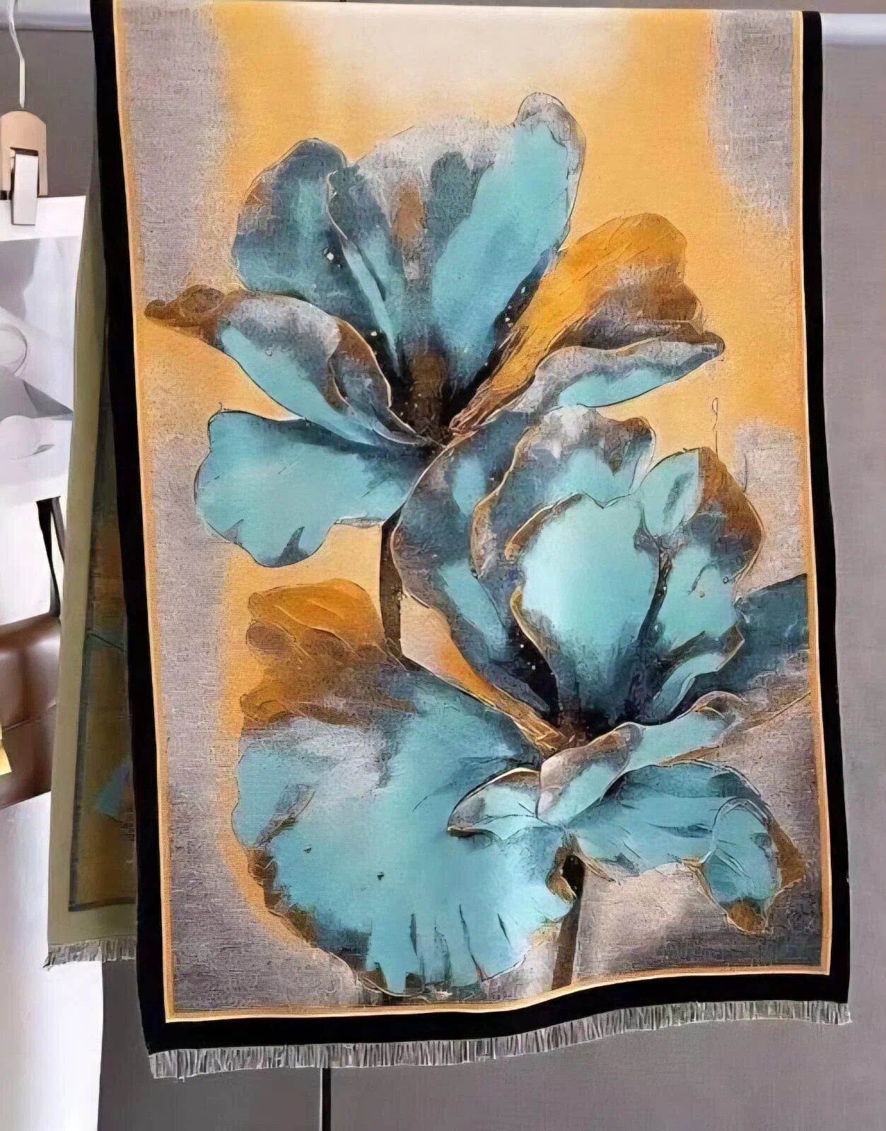 Shopika Esarfa premium din lana si bumbac cu imprimeu floral cu turcoaz si galben