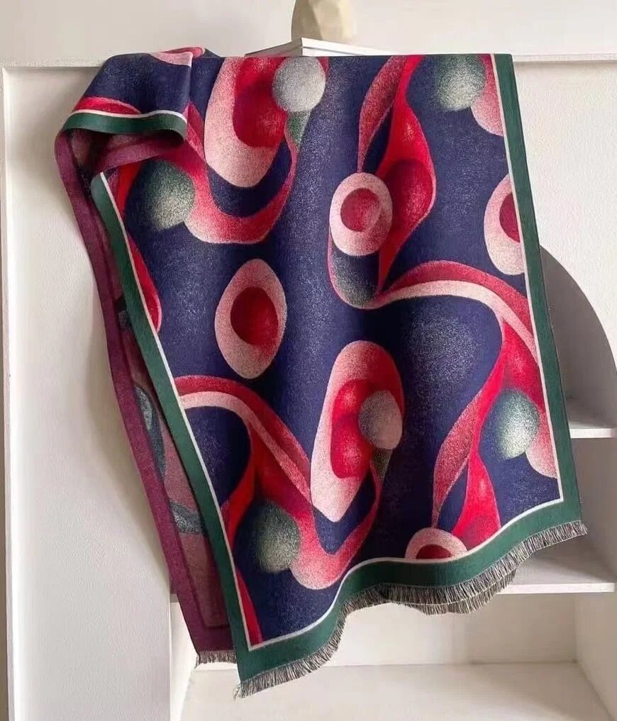 Shopika Esarfa premium din lana si vascoza cu imprimeu abstract cu rosun si bleumarin