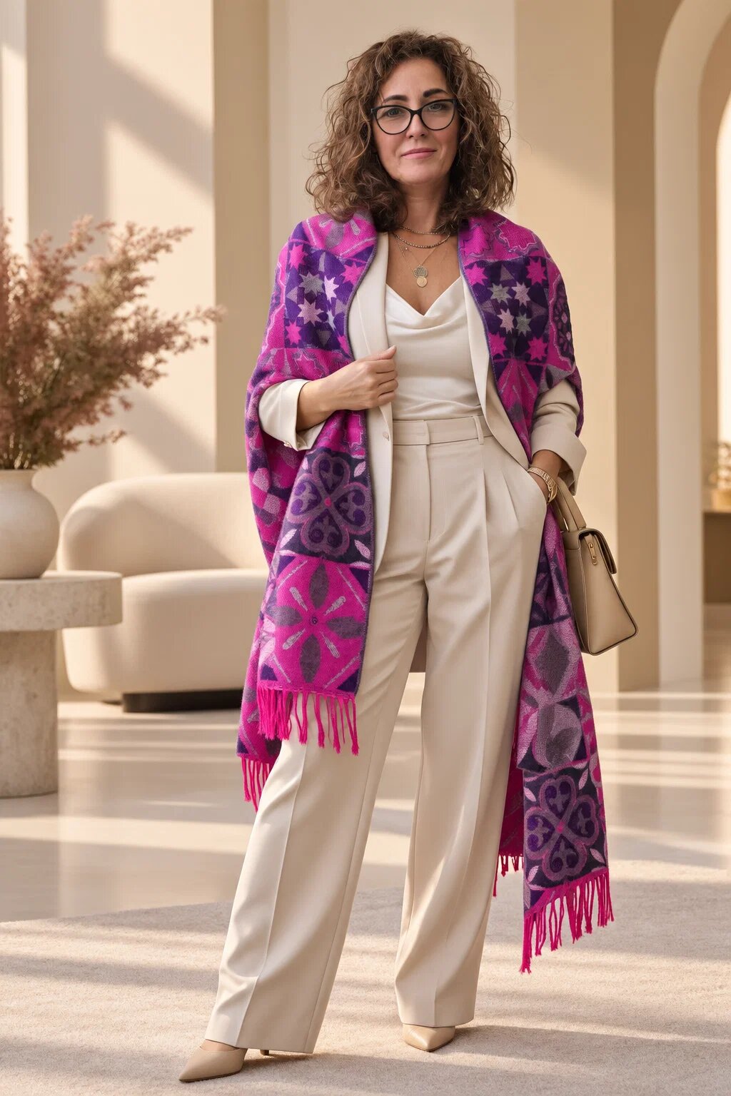 Shopika Esarfa premium din lana si vascoza cu imprimeu oriental floral cu fucsia mov si bej