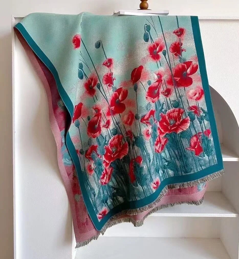 Shopika Esarfa premium din lana si vascoza cu maci rosii pe fond albastru si turcoaz