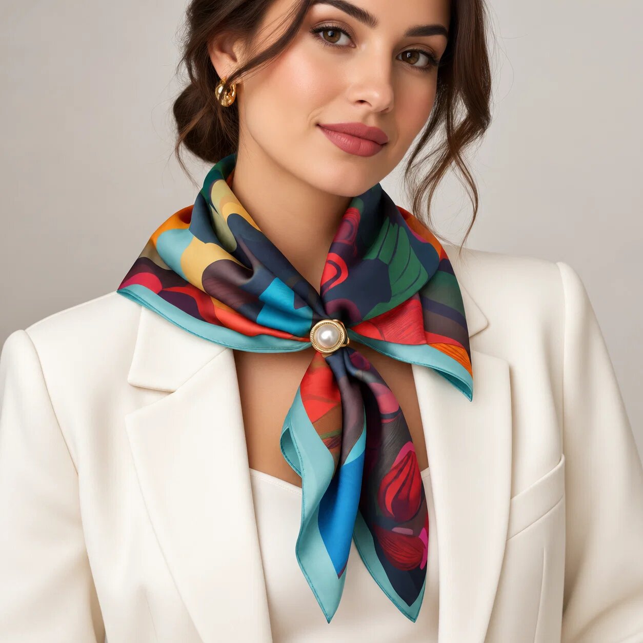 Shopika Esarfa satinata patrata cu imprimeu floral colorat - usor asoratabila cu inel inclus