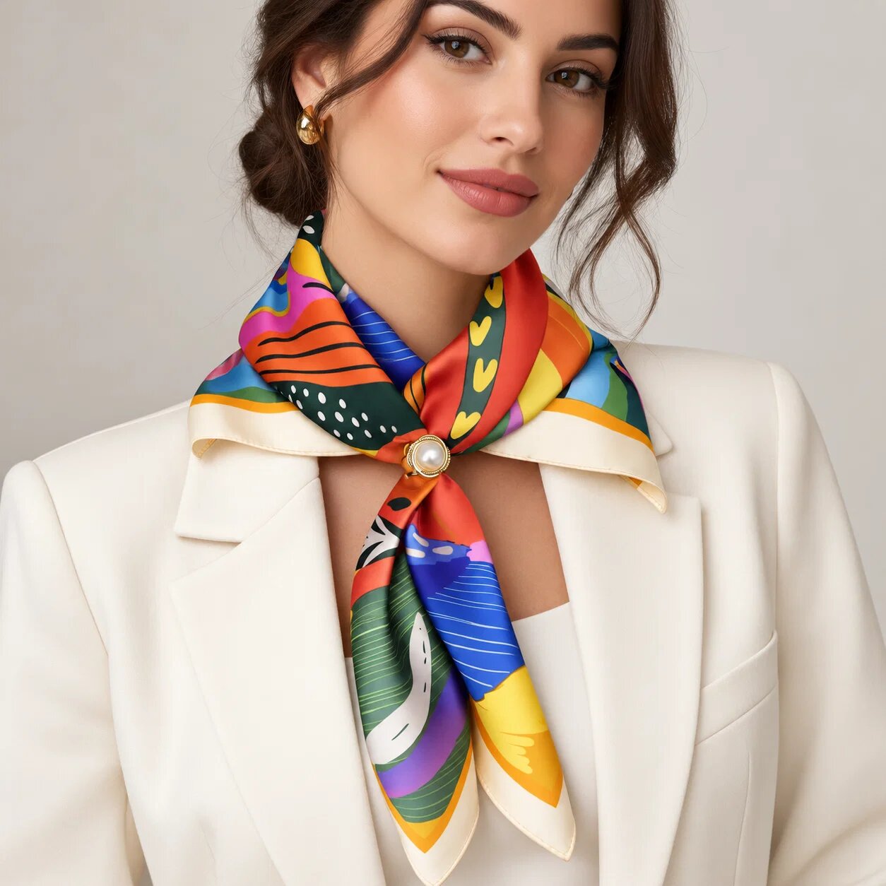 Shopika Esarfa satinata patrata cu imprimeu vegetal multicolor - usor asoratabila cu inel inclus