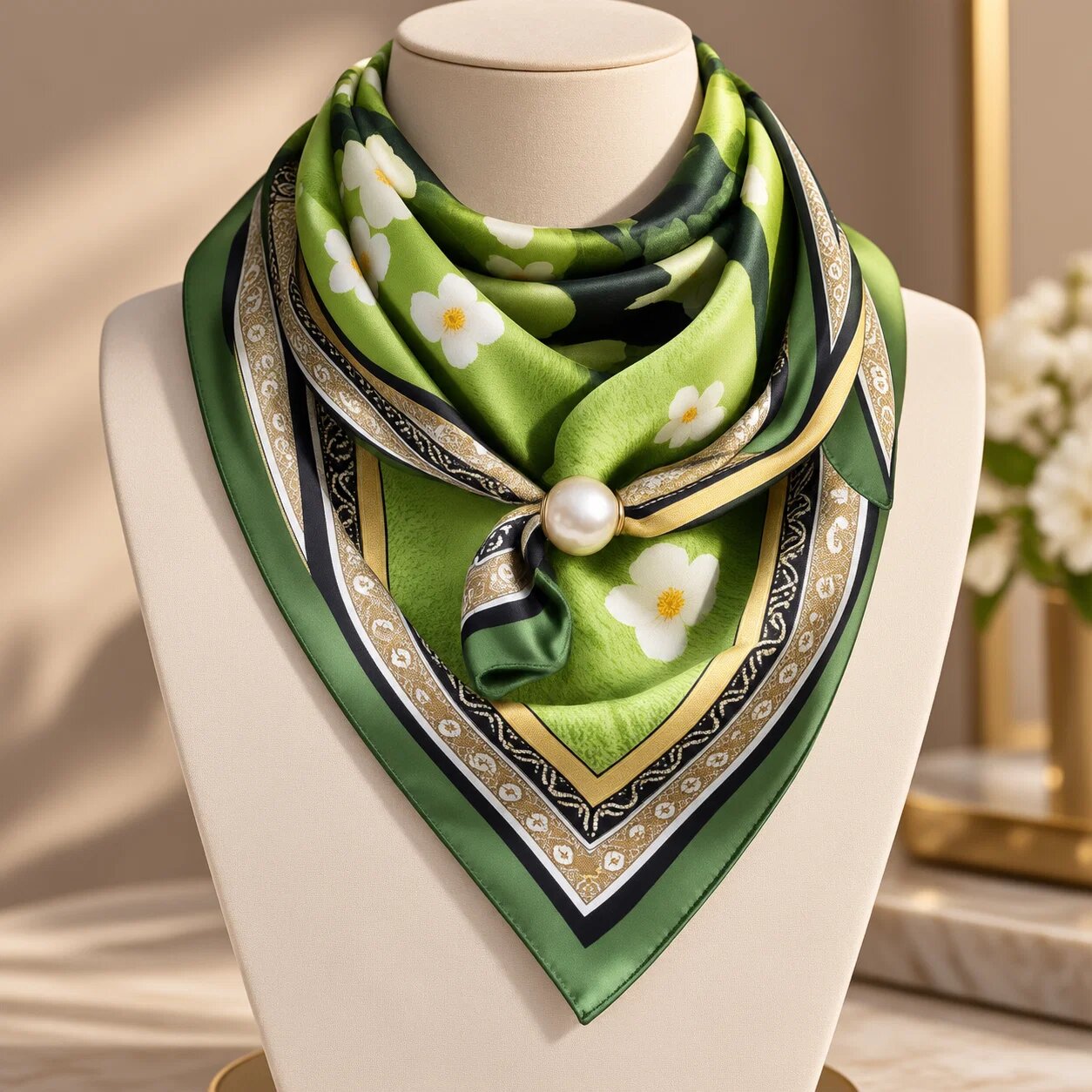 Shopika Esarfa satinata patrata cu imprimeu vegetal verde - cu perla decorativa si inchidere magnetica
