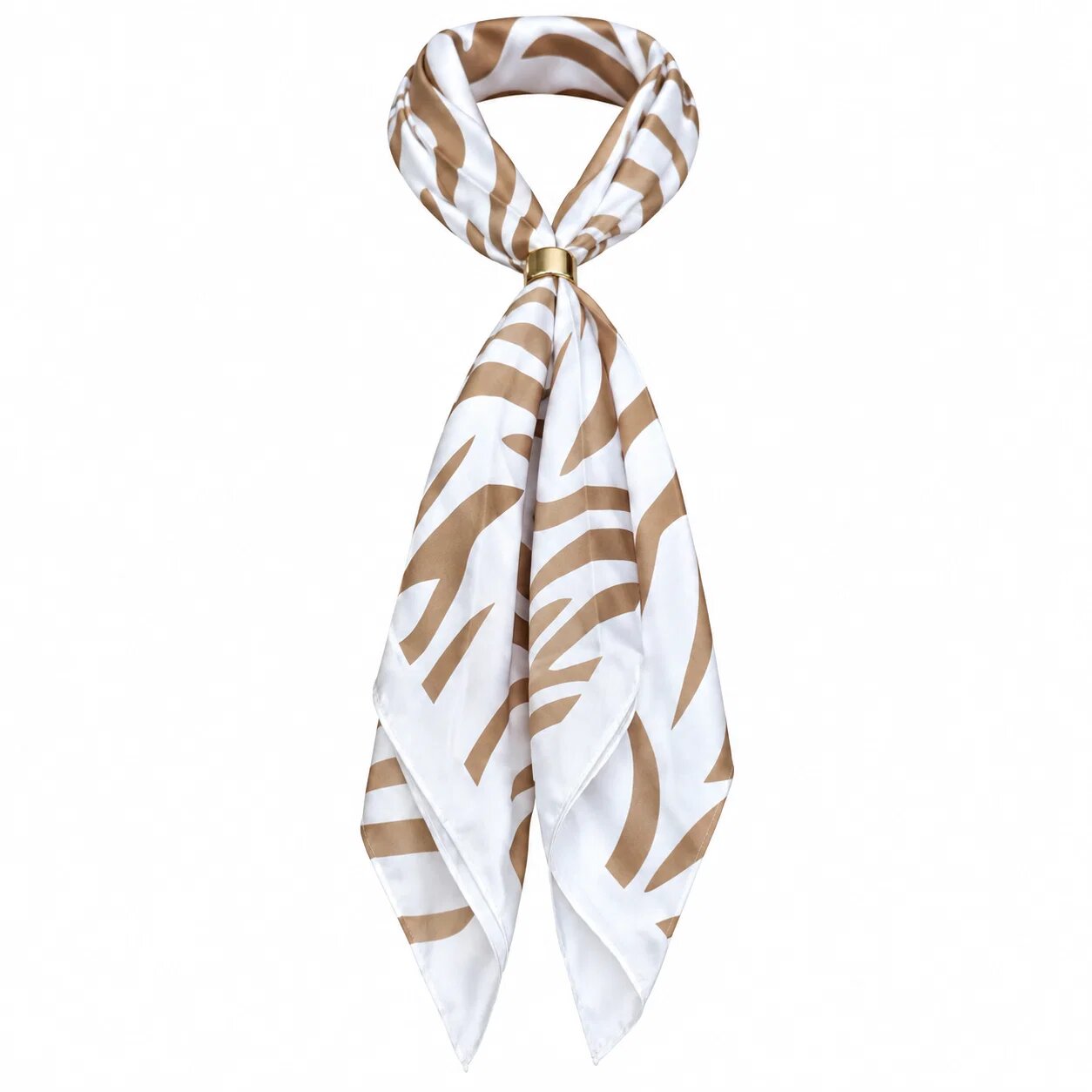 Shopika Esarfa satinata patrata cu inel auriu imprimeu animal print alb cu bej