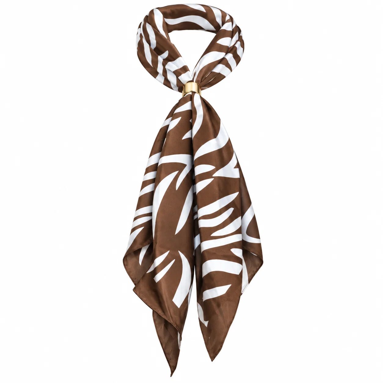 Shopika Esarfa satinata patrata cu inel auriu imprimeu animal print alb cu maro