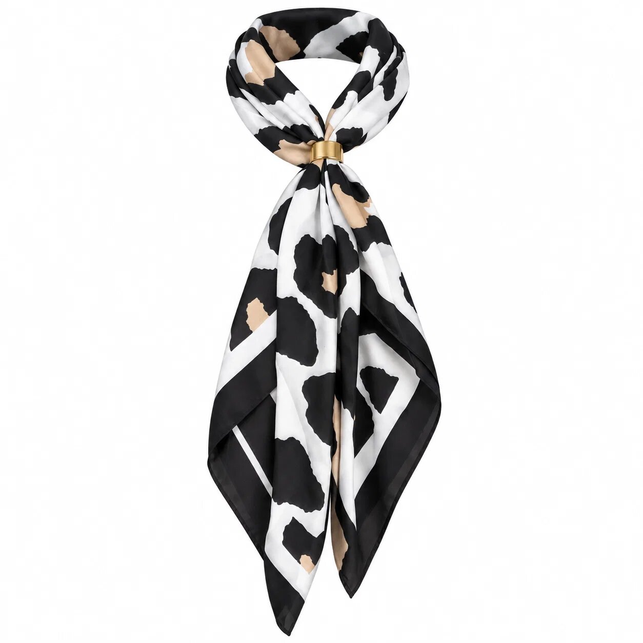 Shopika Esarfa satinata patrata cu inel auriu imprimeu animal print alb negru si bej