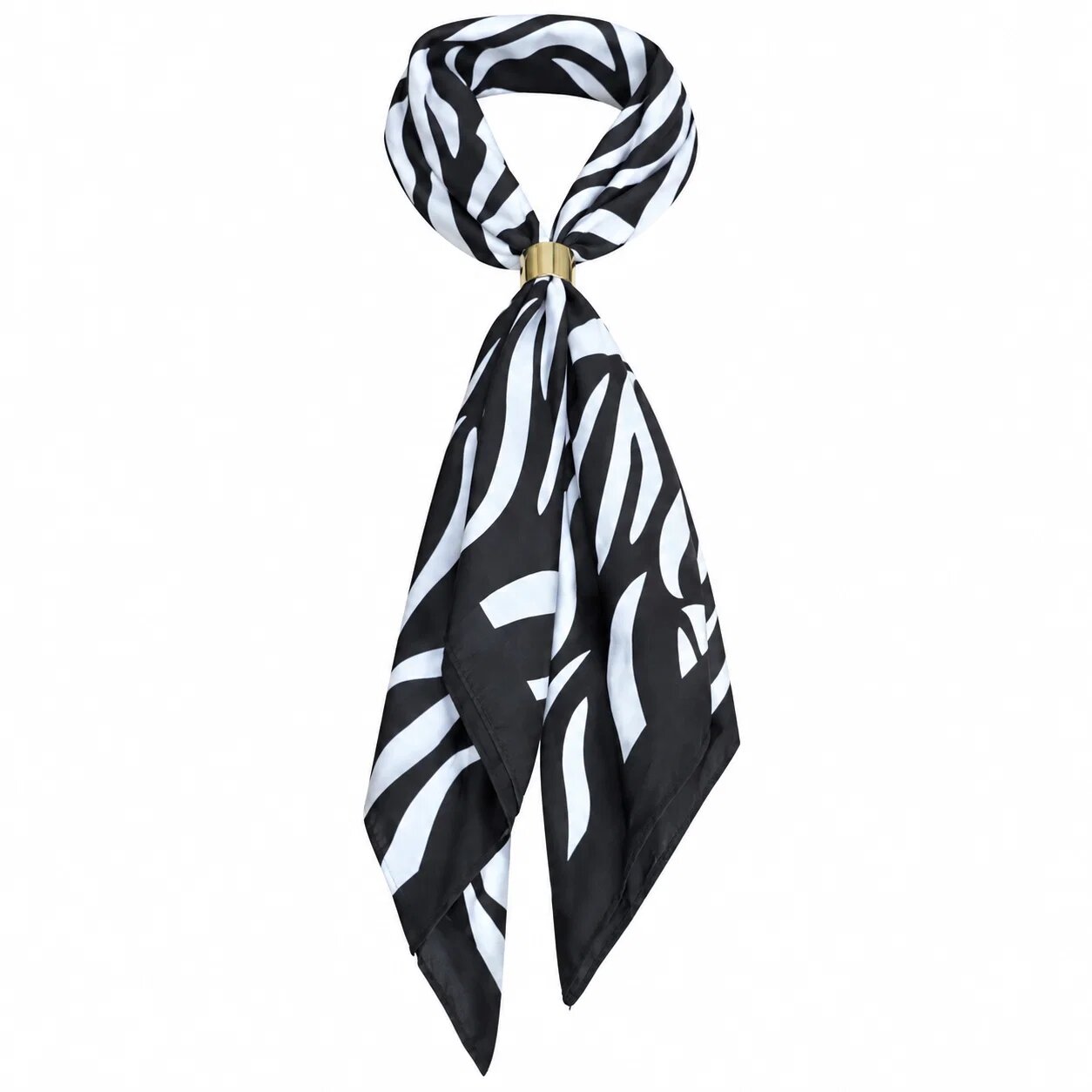 Shopika Esarfa satinata patrata cu inel auriu imprimeu animal print negru cu alb