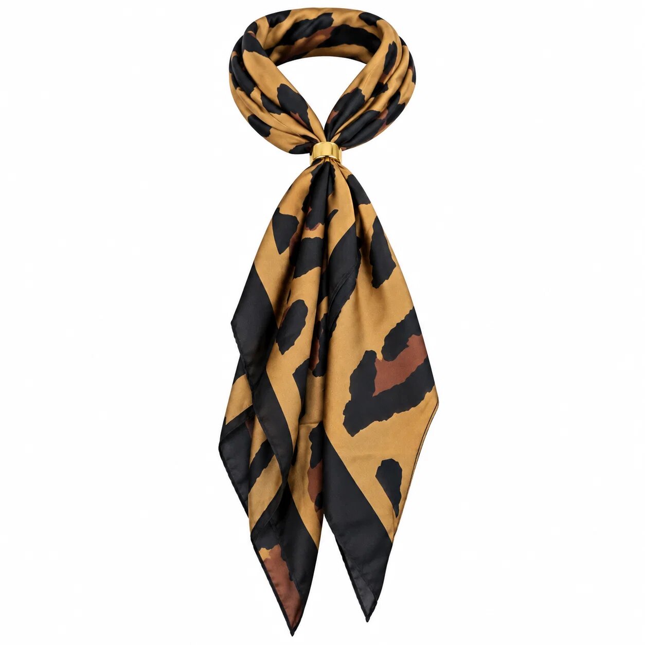 Shopika Esarfa satinata patrata cu inel auriu imprimeu animal print negru cu camel