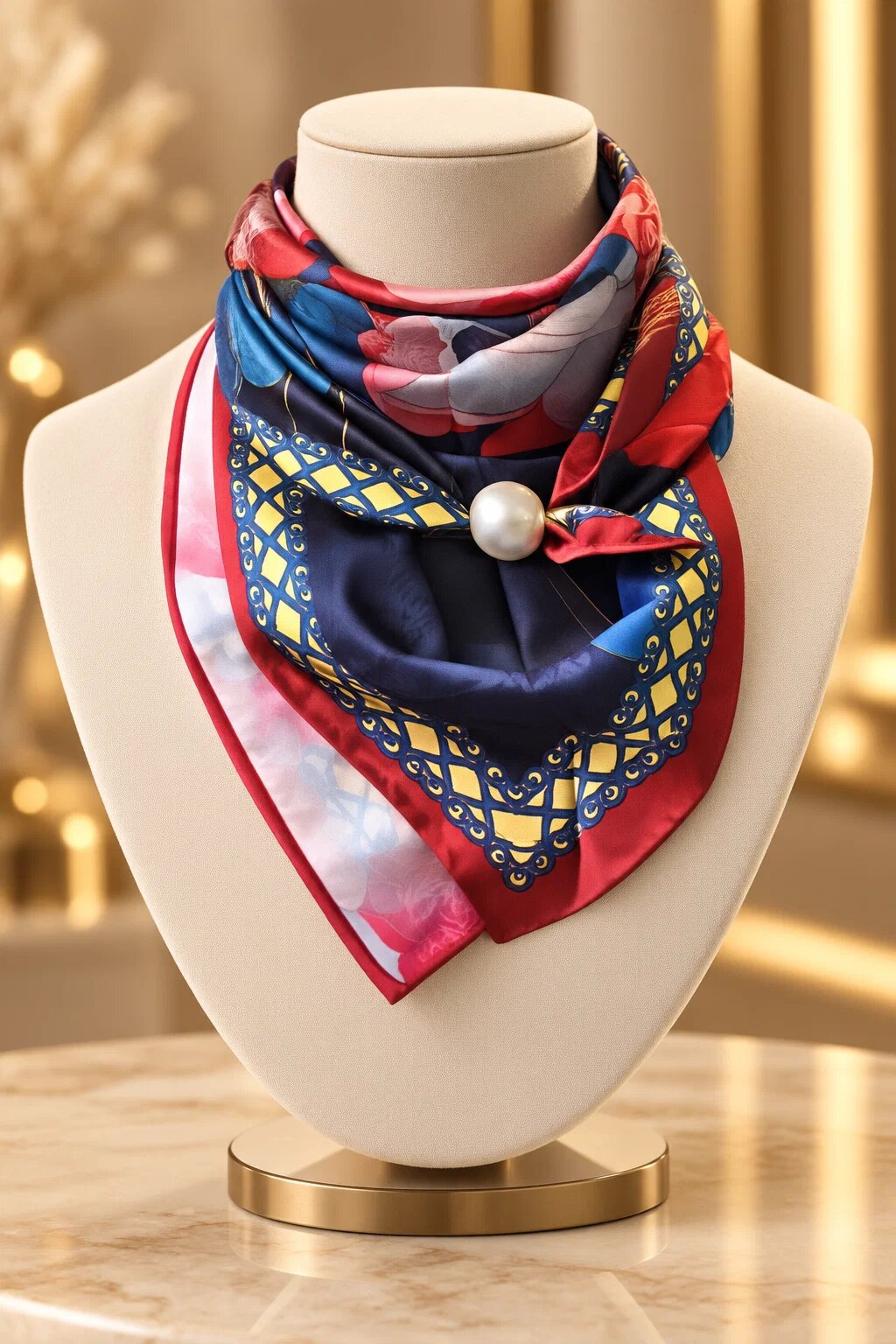 Shopika Esarfa satinata patrata cu nuferi pe fond bleumarin - cu perla decorativa si inchidere magnetica