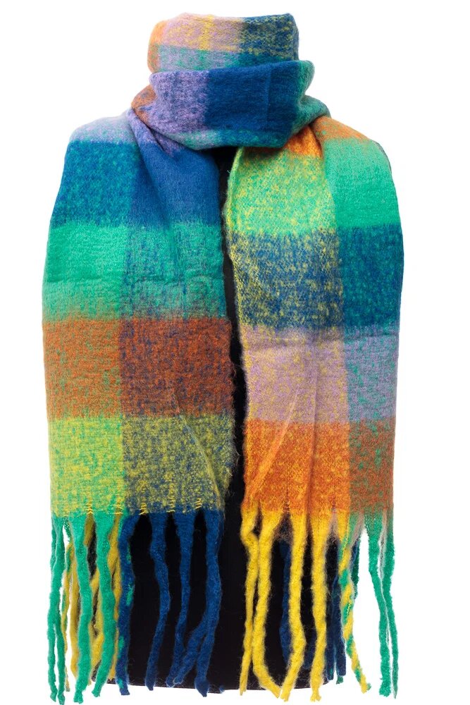 Shopika Fular cu imprimeu patrate colorate in nuante de turcoaz albastru si galben