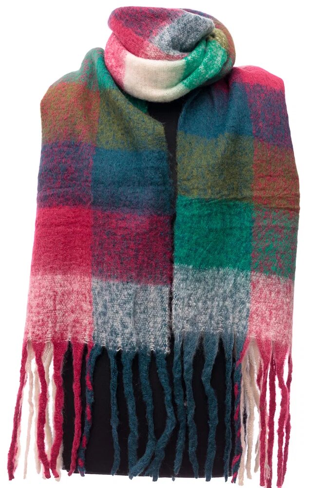 Shopika Fular cu imprimeu patrate colorate in nuante de verde alb si fucsia