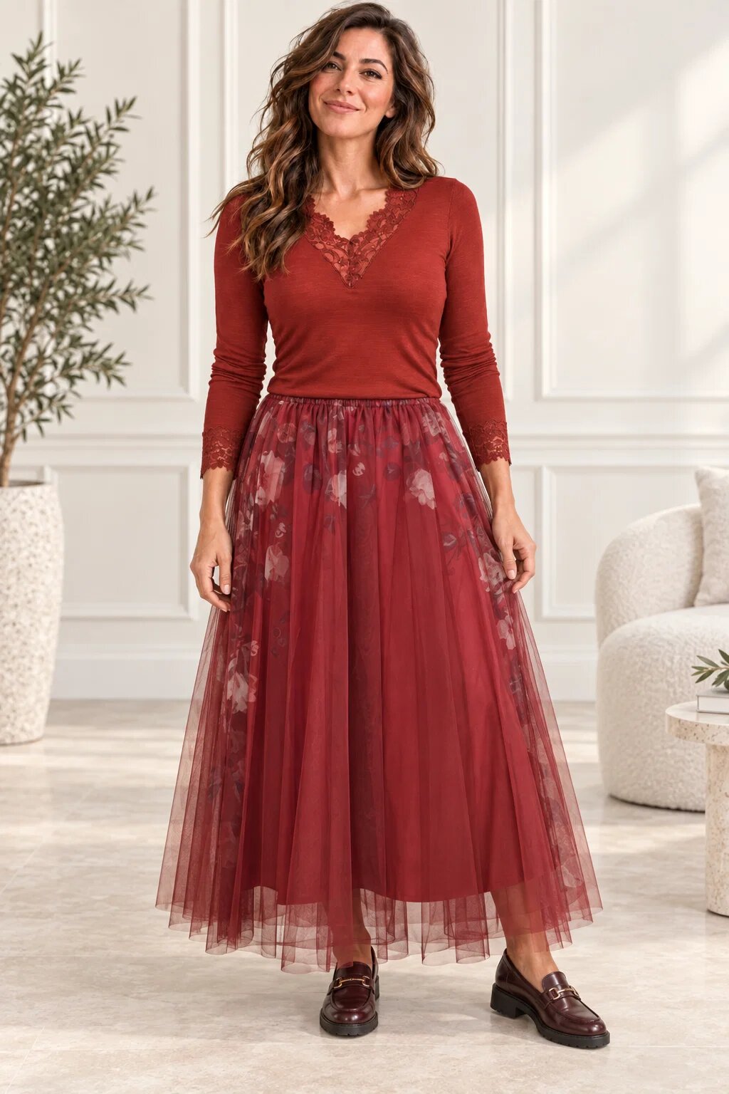 Shopika Fusta clos din tulle cu imprimeu lateral floral in nuante de caramiziu