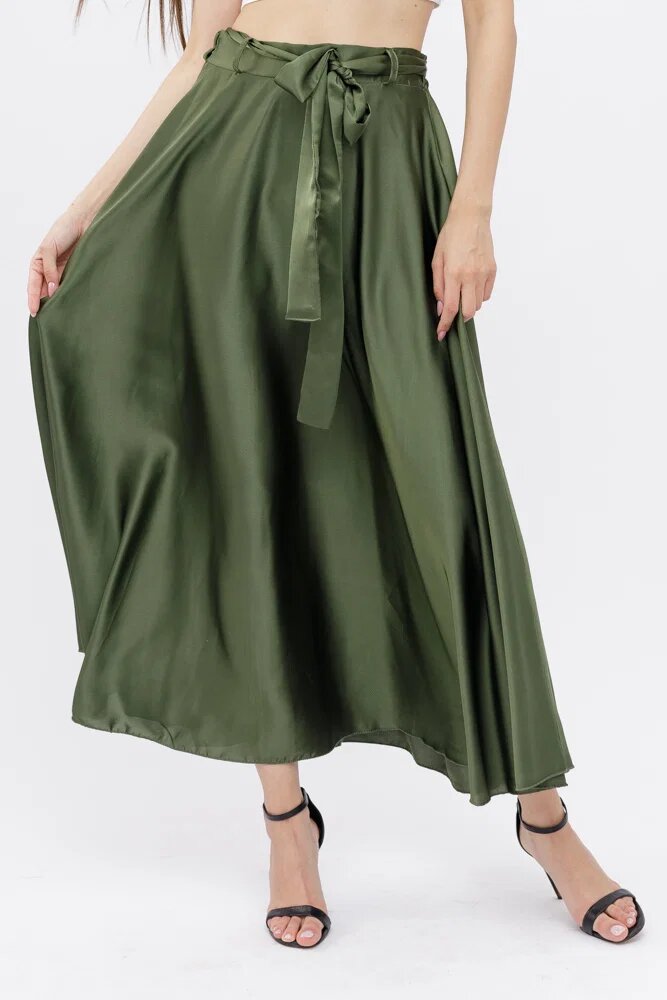 Shopika Fusta clos kaki din satin cu elastic si cordon in talie