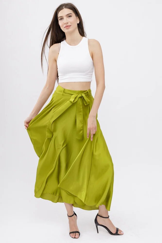 Shopika Fusta clos verde oliv din satin cu elastic si cordon in talie
