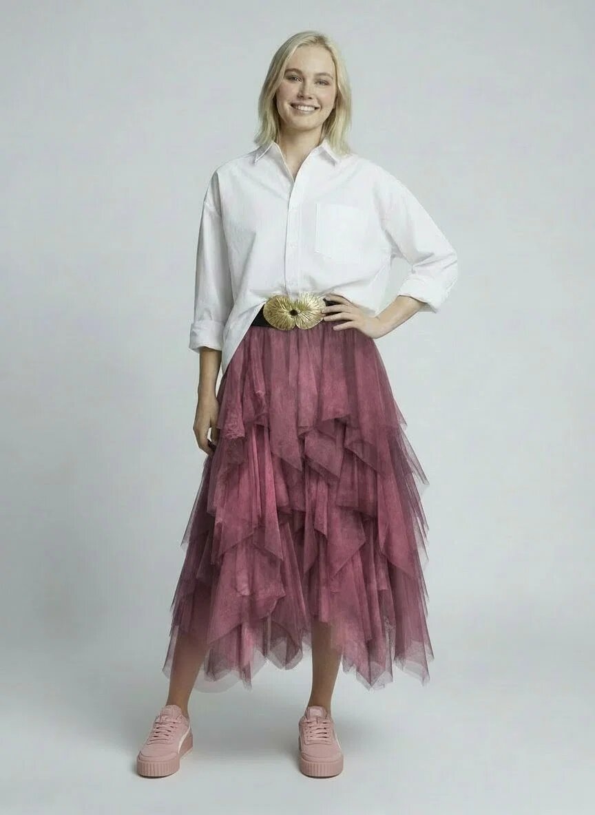 Shopika Fusta din tulle in straturi inegale lunga bordo