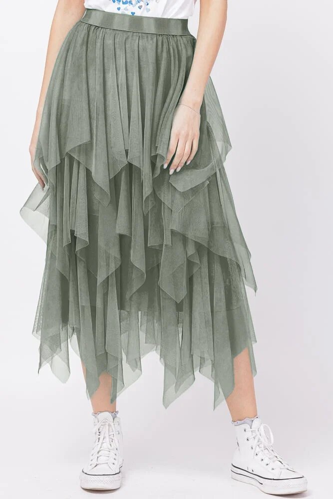Shopika Fusta din tulle in straturi inegale lunga kaki