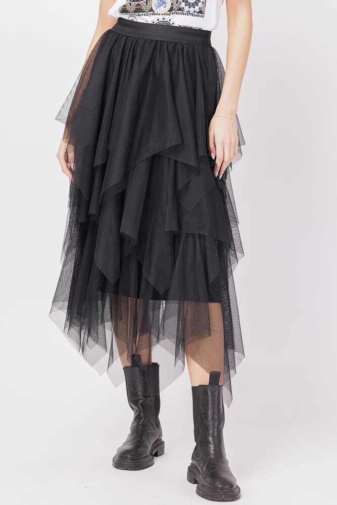 Shopika Fusta din tulle in straturi inegale lunga neagra