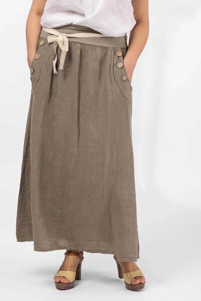 Shopika Fusta lunga casual bej inchis din in cu nasturi de lemn la buzunare