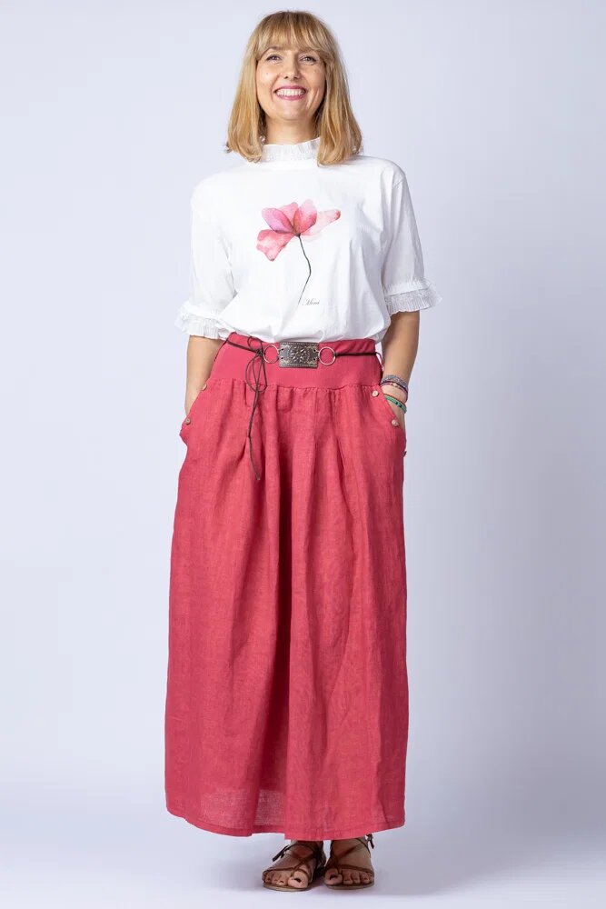 Shopika Fusta lunga casual roz inchis din in cu o curea fancy