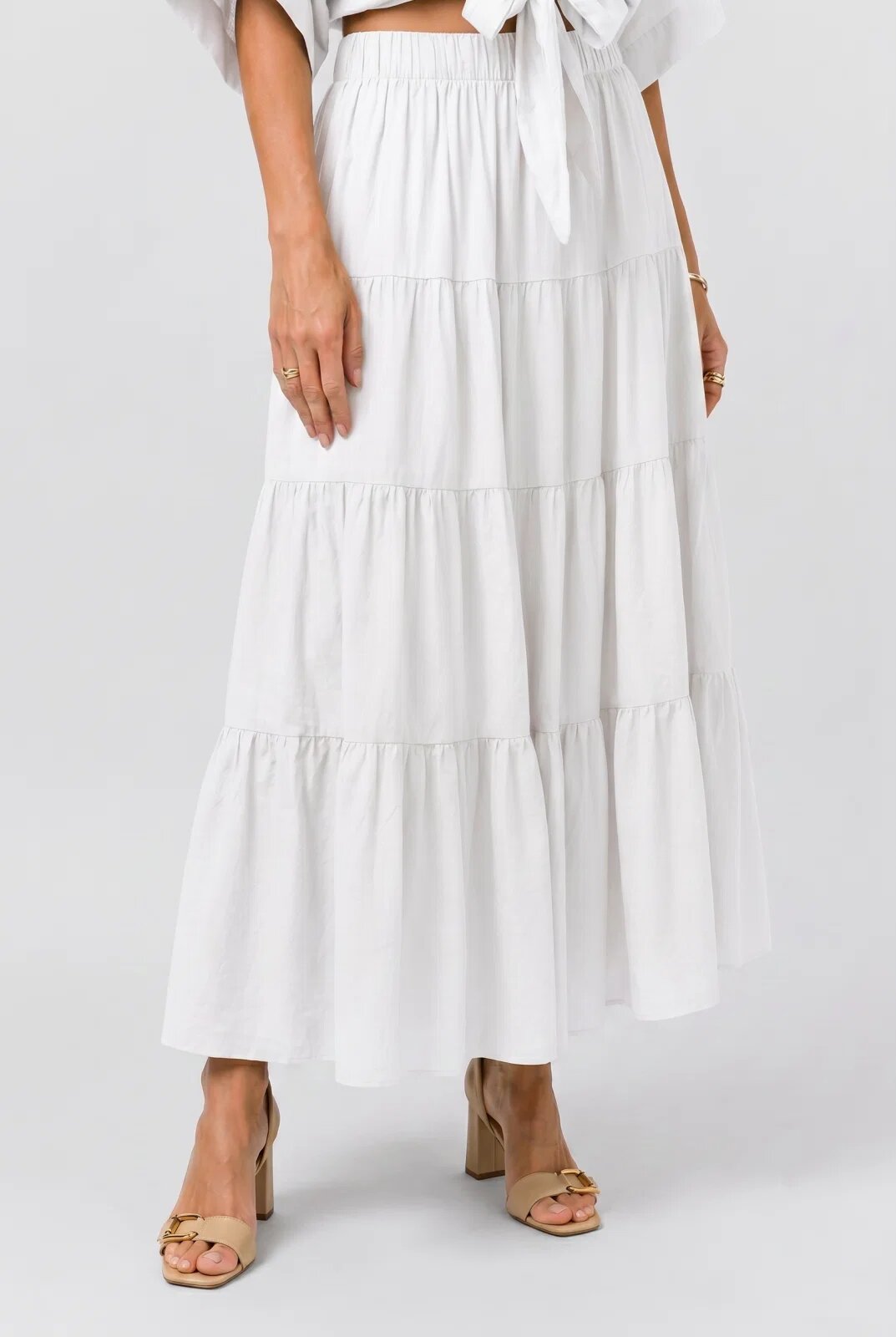 Shopika Fusta lunga din bumbac cu volane si talie elastica alba
