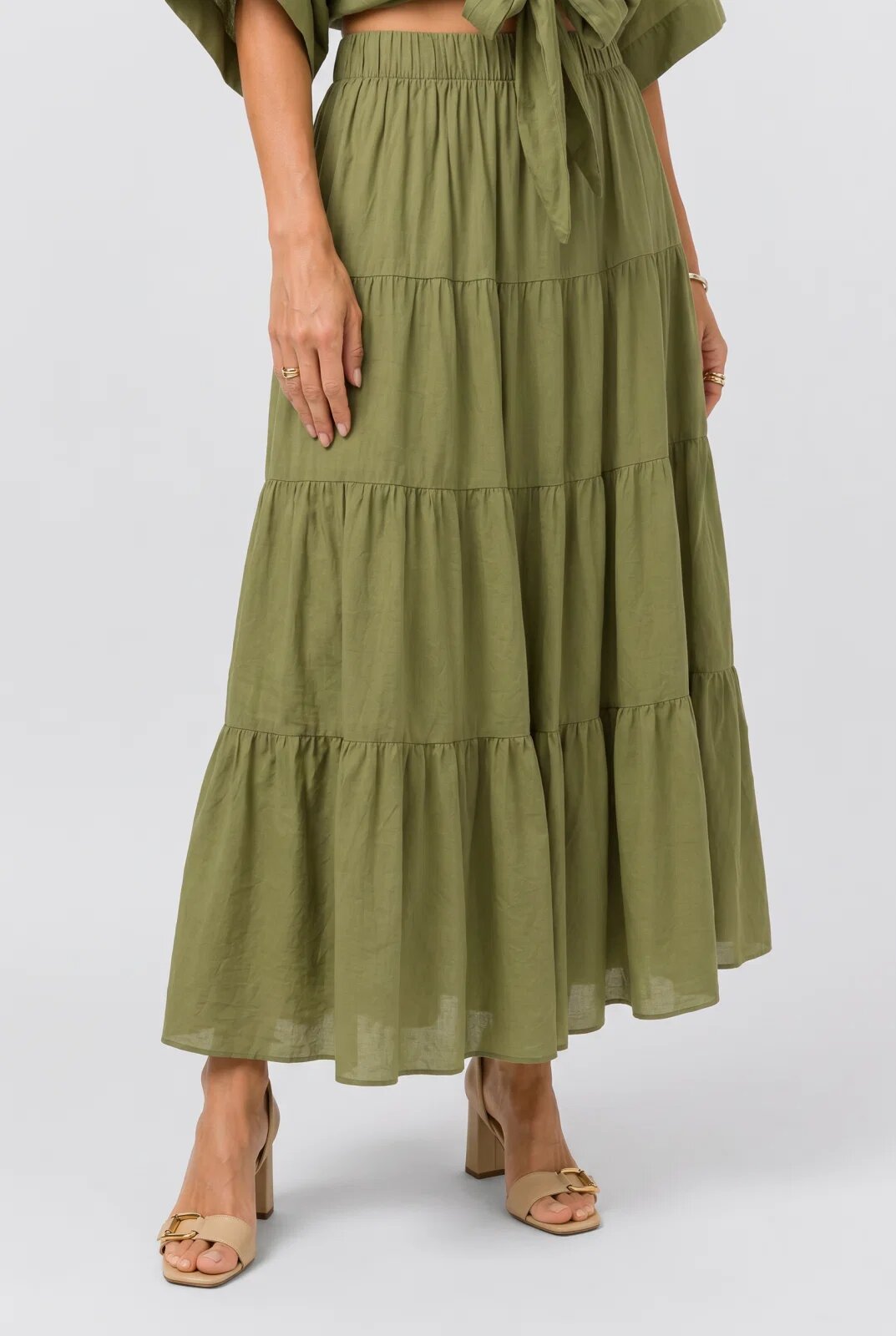 Shopika Fusta lunga din bumbac cu volane si talie elastica verde olive