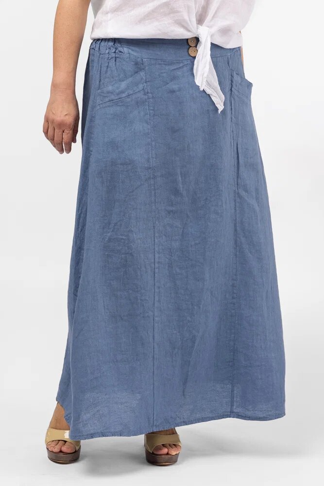 Shopika Fusta lunga din in cu doi nasturi de lemn pe talie albastru jeans