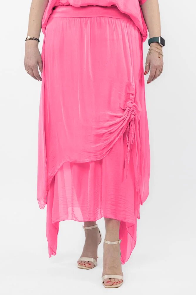 Shopika Fusta lunga in colturi din matase si vascoza suprapusa cu snur vertical fucsia