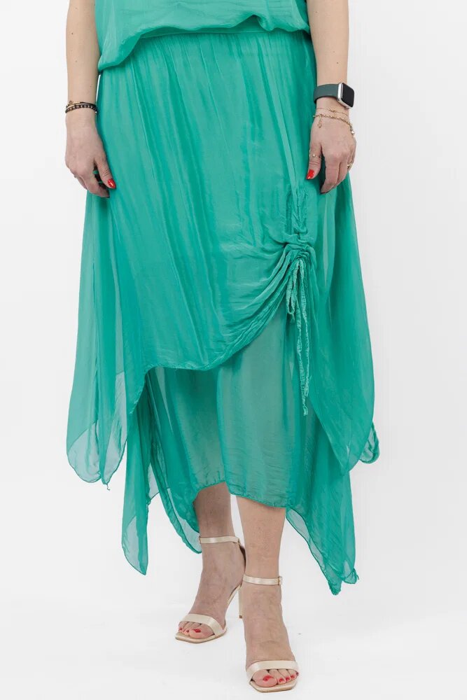 Shopika Fusta lunga in colturi din matase si vascoza suprapusa cu snur vertical verde