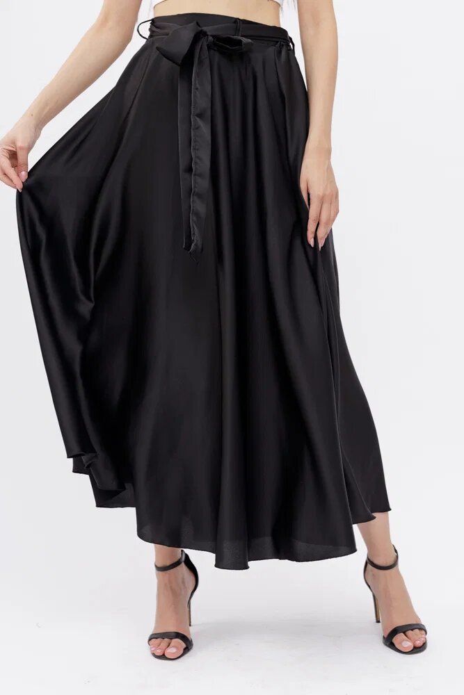 Shopika Fusta neagra din satin cu elastic si cordon in talie