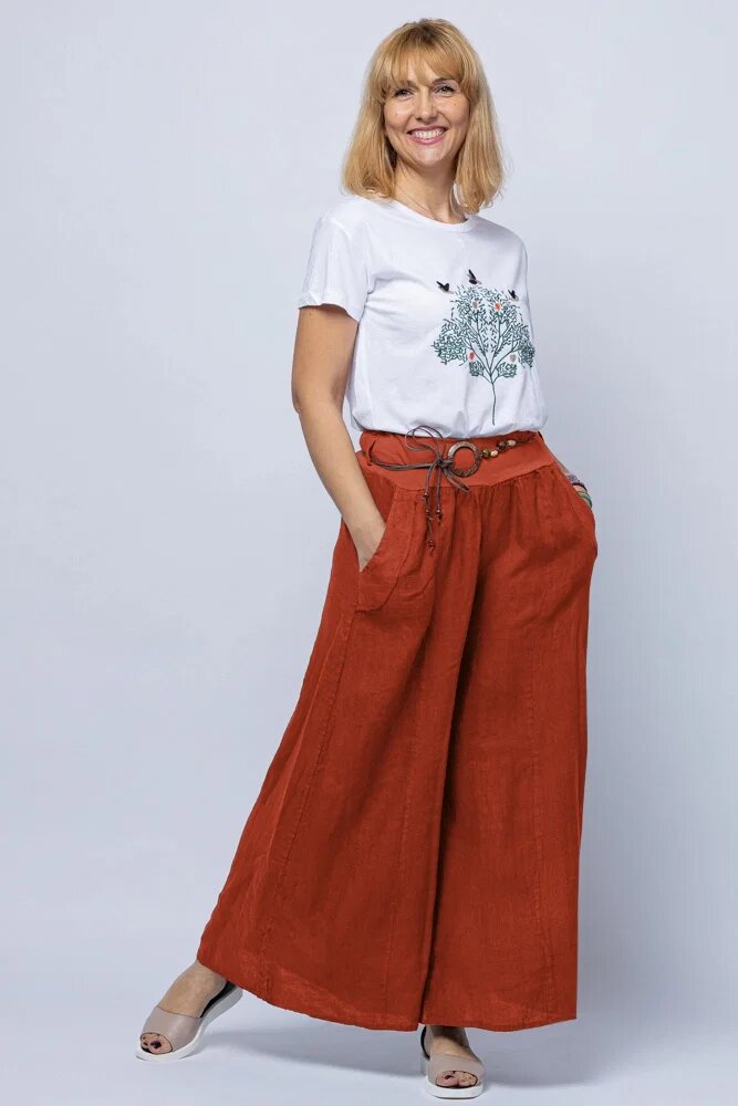 Shopika Fusta pantalon caramizie casual din in cu o curea fancy