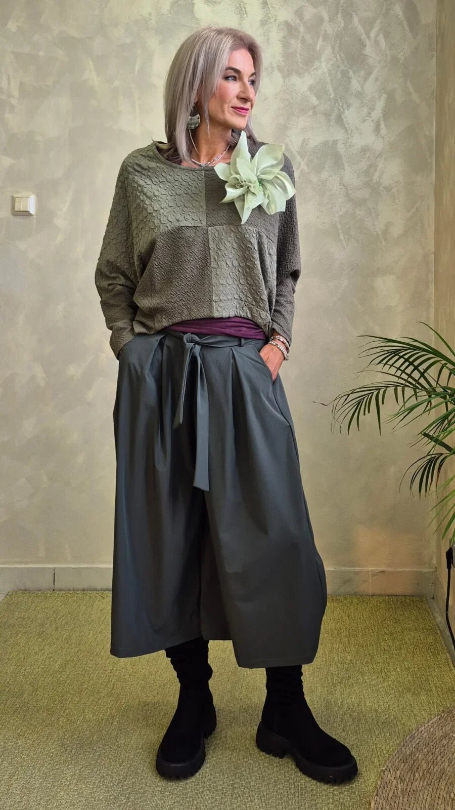 Shopika Fusta pantalon midi ampla cu talie inalta si cordon kaki