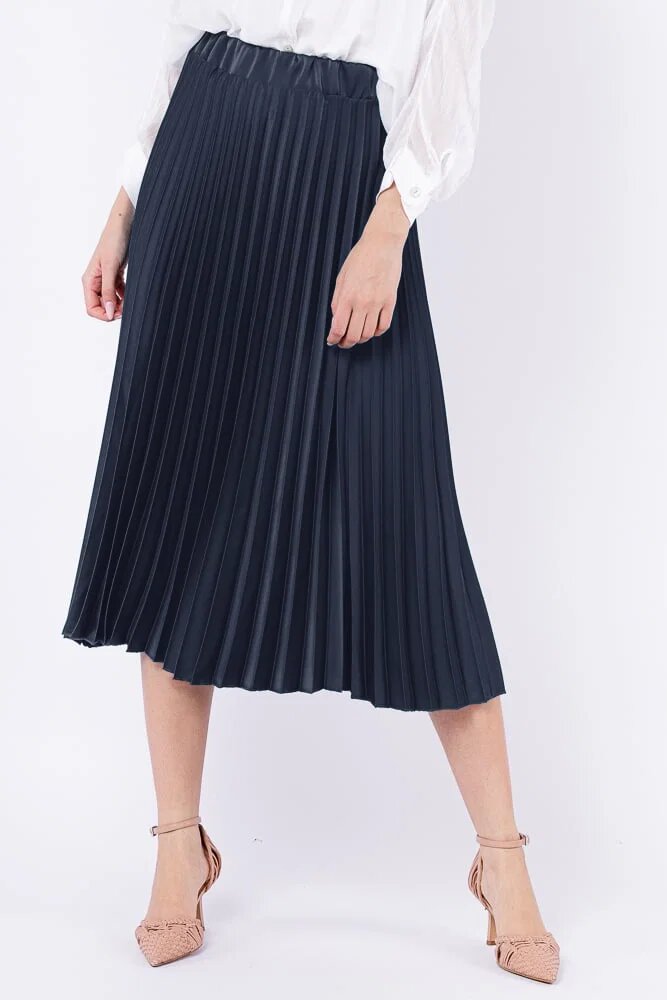 Shopika Fusta plisata satinata midi bleumarin