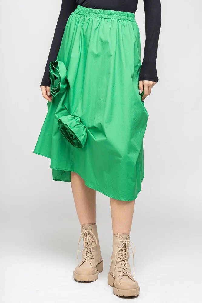 Shopika Fusta verde din bumbac satinat cu aplicatii sub forma de boboc