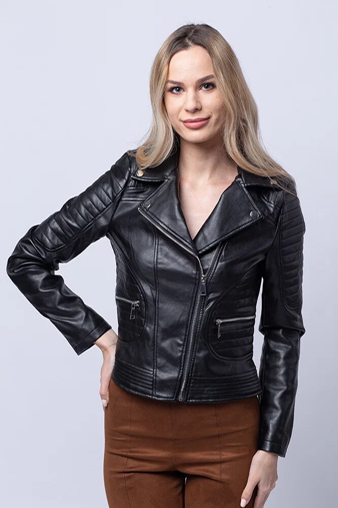 Shopika Geaca biker neagra din piele ecologica